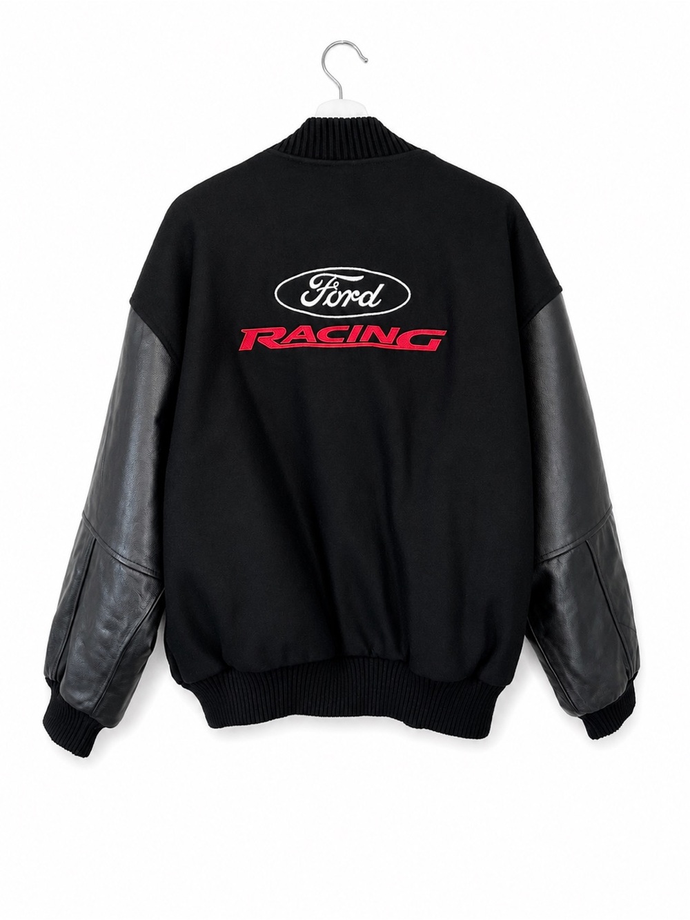 Vintage 90s Ford Racing Black Wool & Leather Varsity Bomber Jacket Racing L Cars